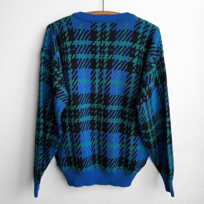 1970s Blue & Green Geometric Knit V-Neck Sweater