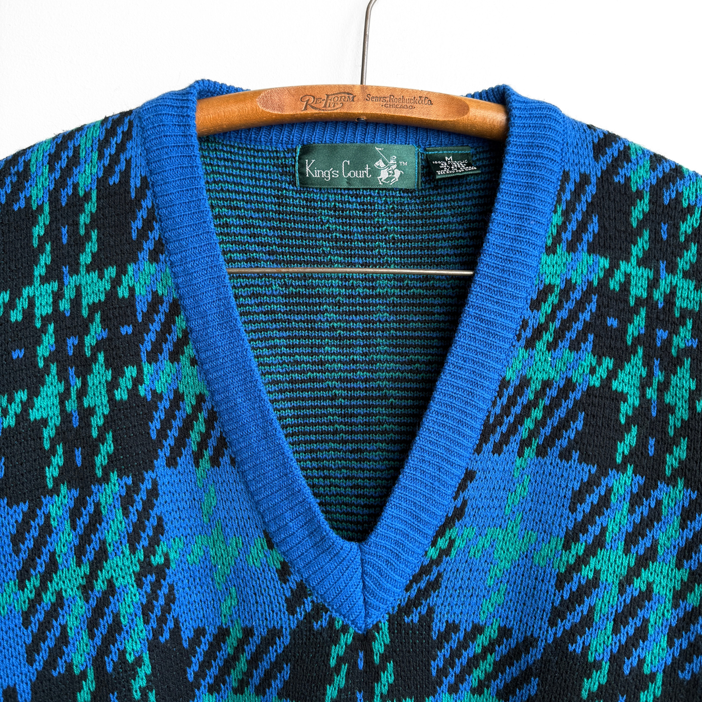 1970s Blue & Green Geometric Knit V-Neck Sweater