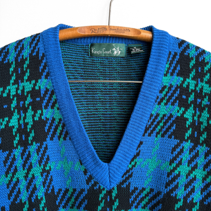 1970s Blue & Green Geometric Knit V-Neck Sweater