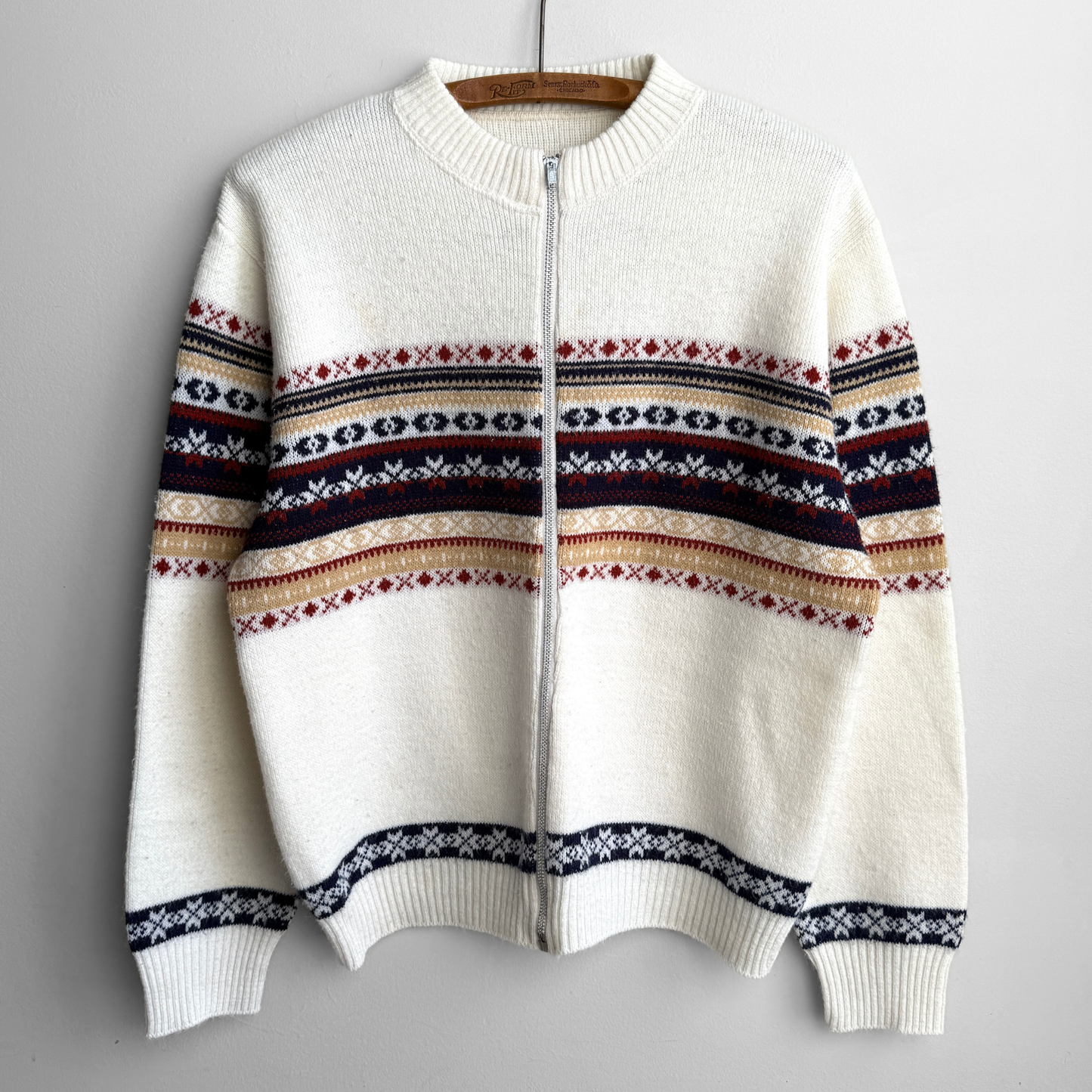 1960s White & Navy Geometric Knit Zip Up Cardigan