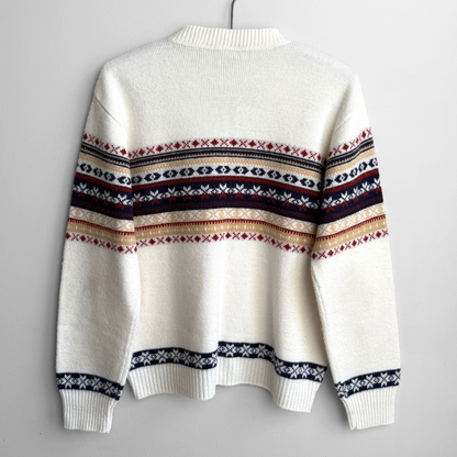 1960s White & Navy Geometric Knit Zip Up Cardigan
