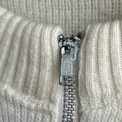 1960s White & Navy Geometric Knit Zip Up Cardigan