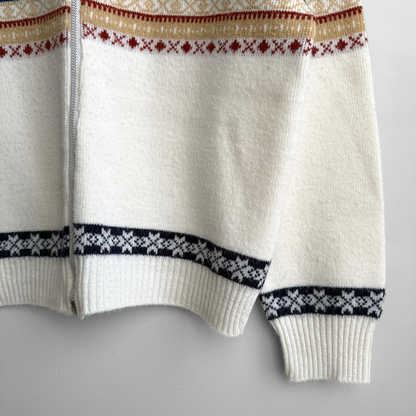 1960s White & Navy Geometric Knit Zip Up Cardigan