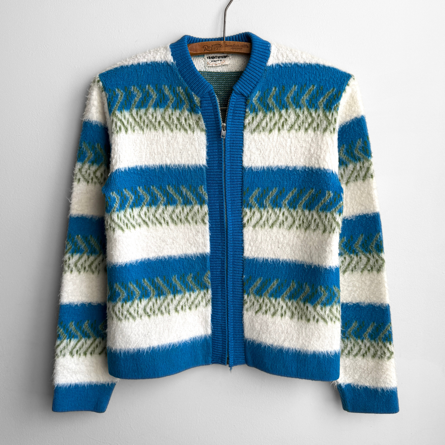 1960s Blue & Green Geometric Knit Zip Up Cardigan