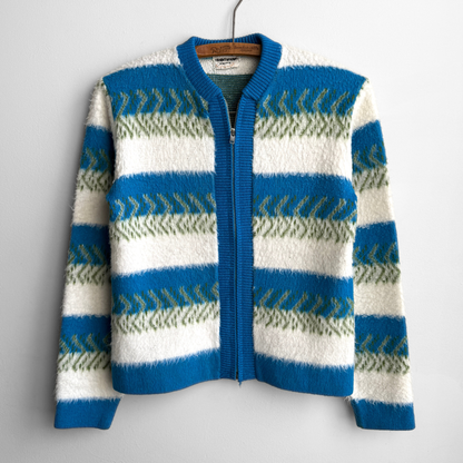 1960s Blue & Green Geometric Knit Zip Up Cardigan