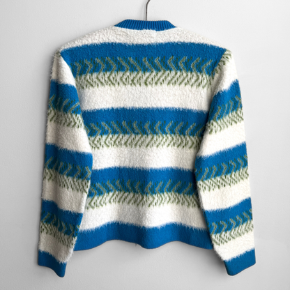 1960s Blue & Green Geometric Knit Zip Up Cardigan
