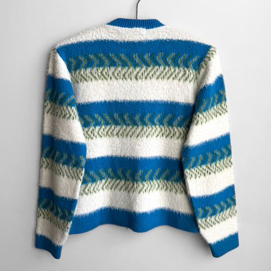 1960s Blue & Green Geometric Knit Zip Up Cardigan