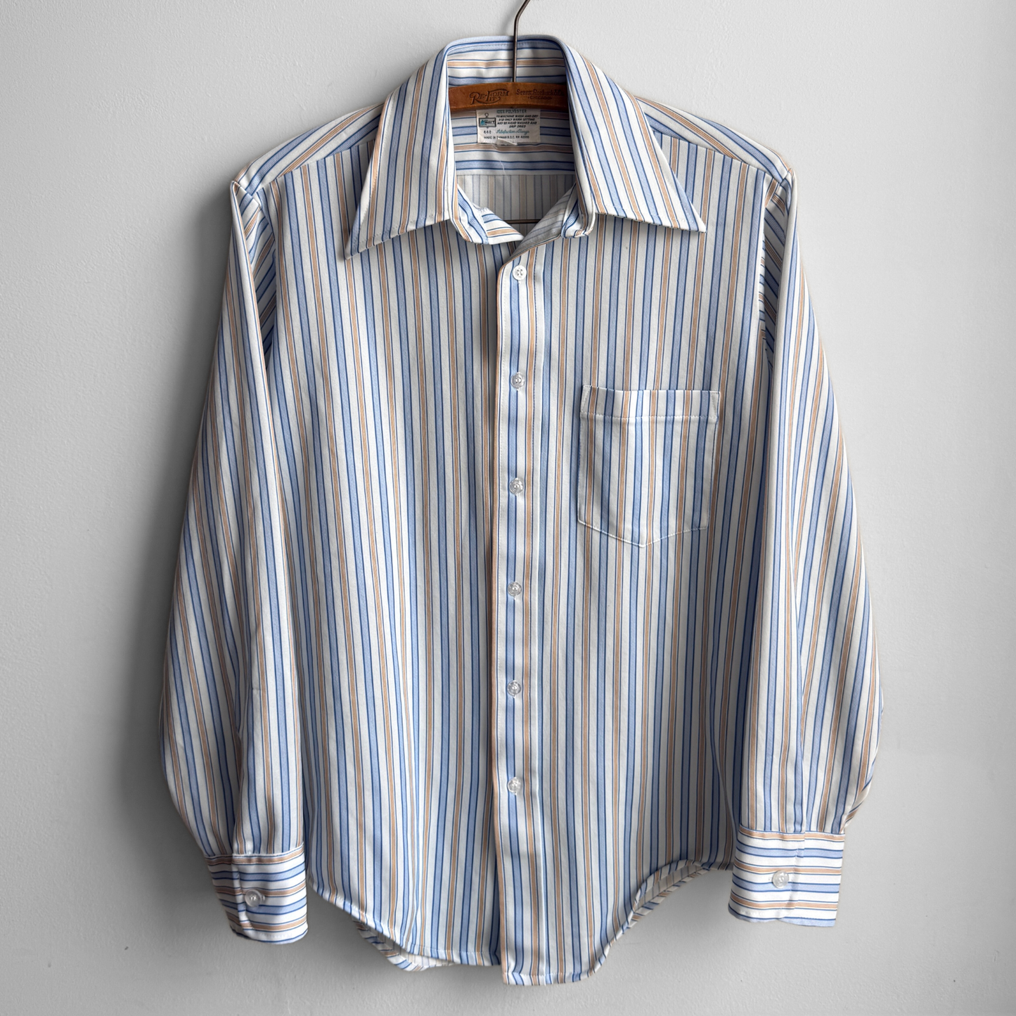 1970s Blue & Tan Oxford Striped Button Down Shirt