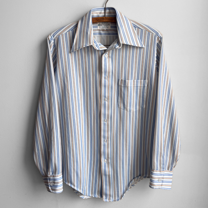 1970s Blue & Tan Oxford Striped Button Down Shirt