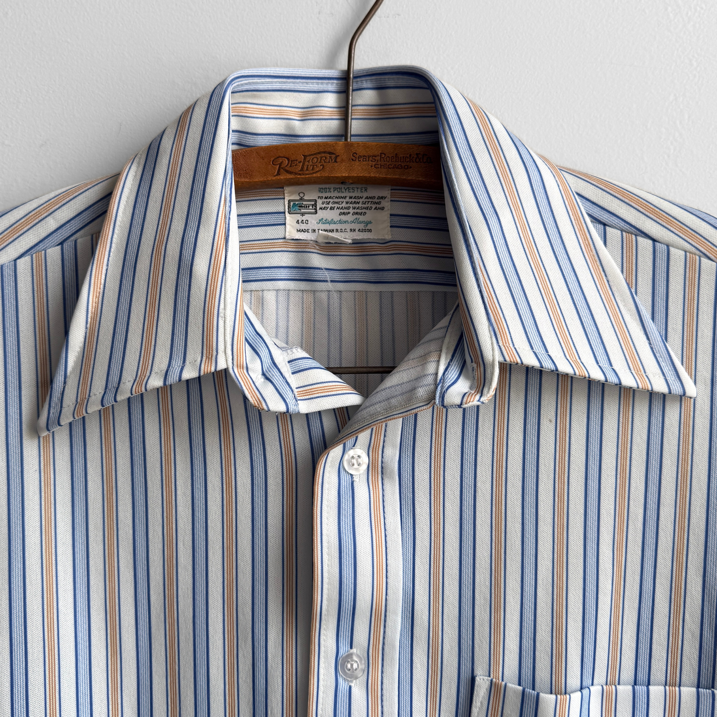 1970s Blue & Tan Oxford Striped Button Down Shirt