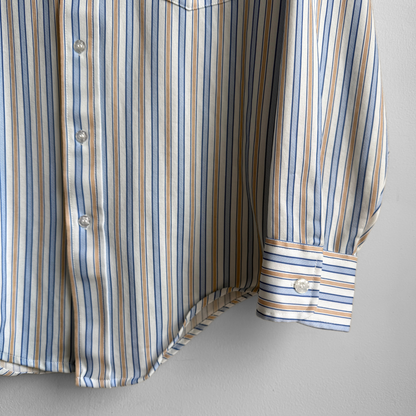 1970s Blue & Tan Oxford Striped Button Down Shirt