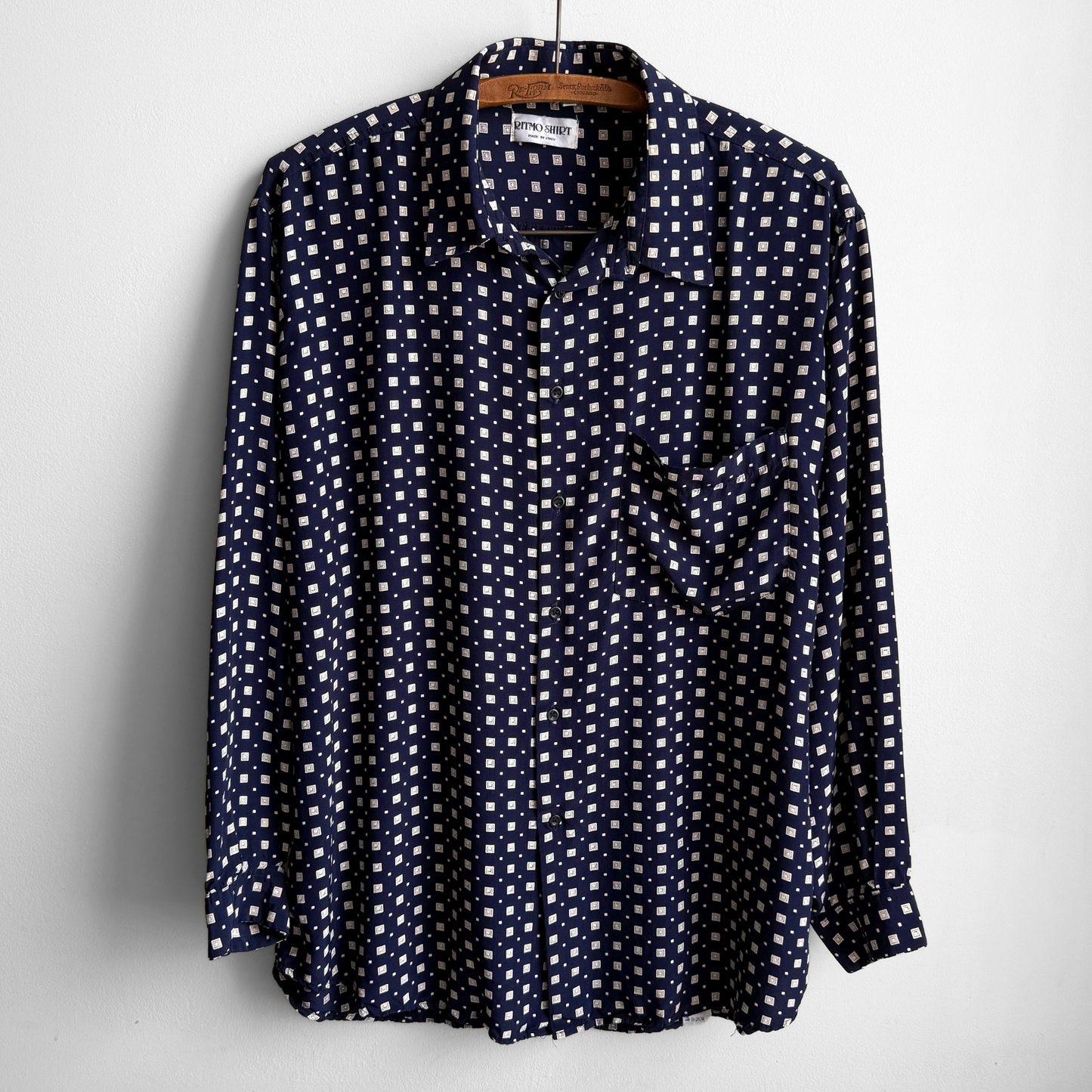 1980s Navy Blue Geometric Square Print Rayon Shirt