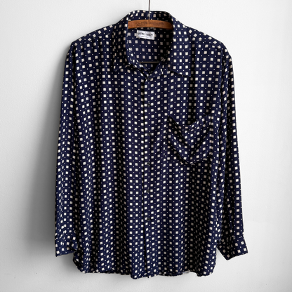 1980s Navy Blue Geometric Square Print Rayon Shirt