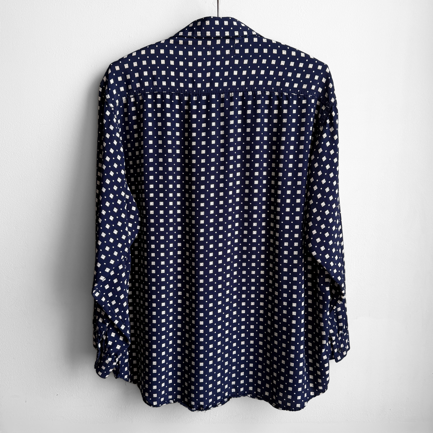 1980s Navy Blue Geometric Square Print Rayon Shirt