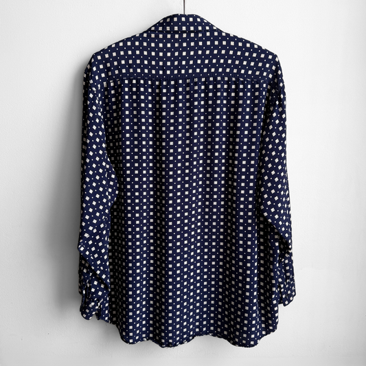 1980s Navy Blue Geometric Square Print Rayon Shirt