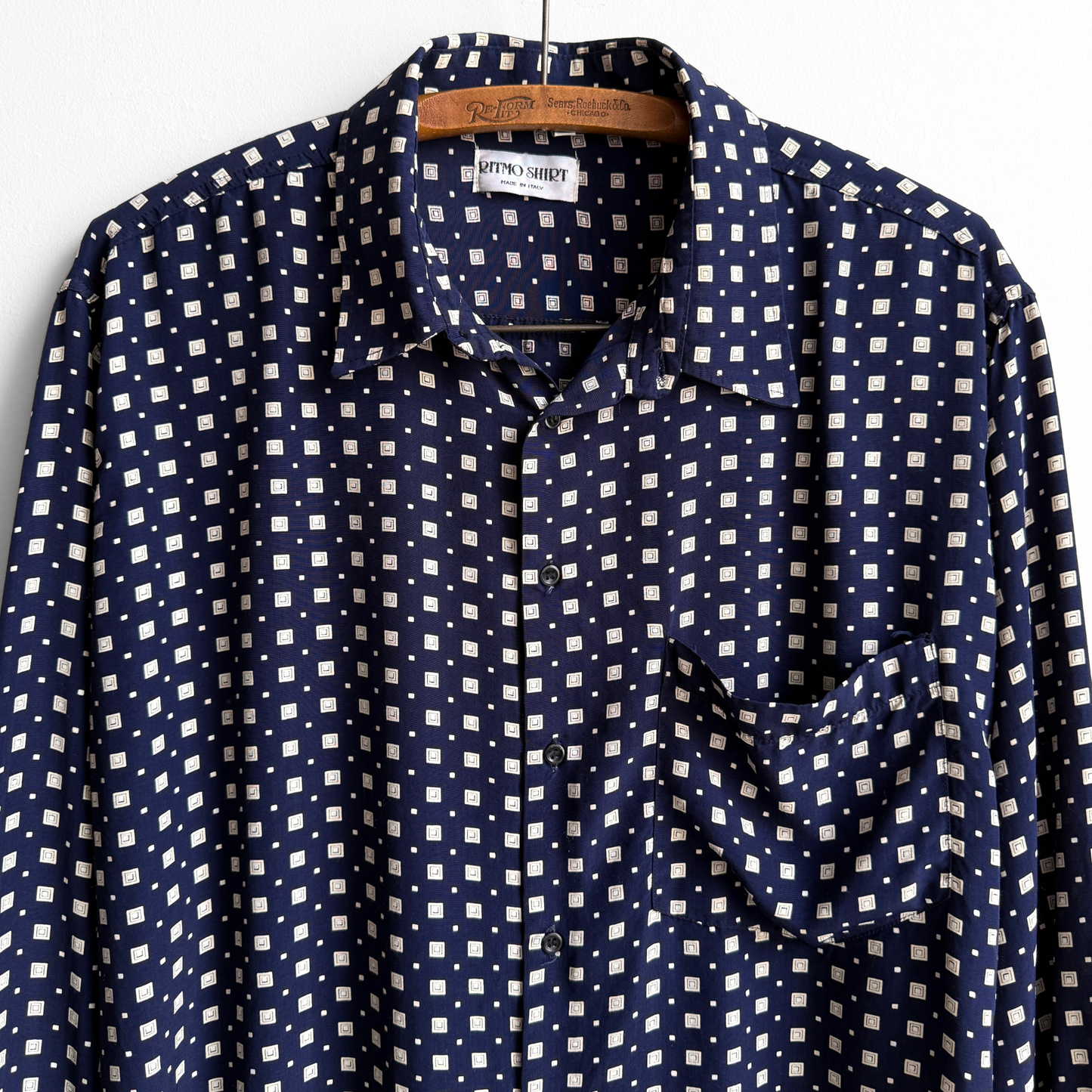 1980s Navy Blue Geometric Square Print Rayon Shirt