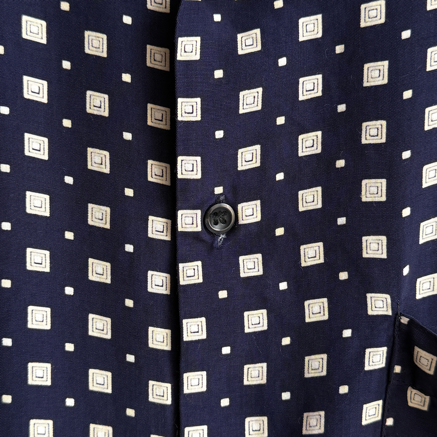 1980s Navy Blue Geometric Square Print Rayon Shirt