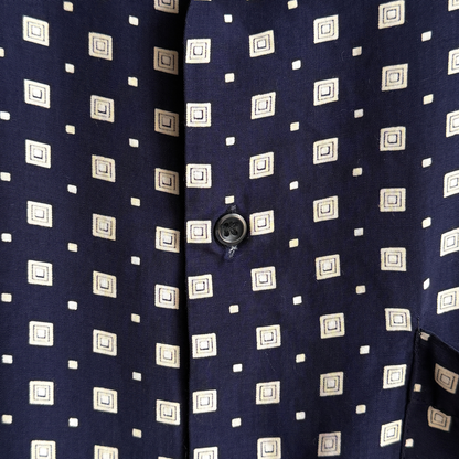 1980s Navy Blue Geometric Square Print Rayon Shirt