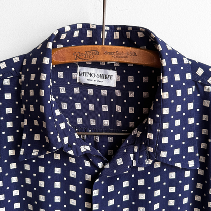 1980s Navy Blue Geometric Square Print Rayon Shirt