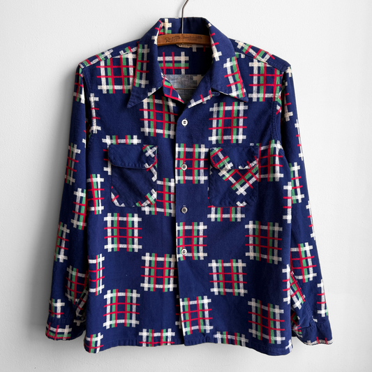 1950s Dark Blue Checkered Plaid Loop Collar Shirt