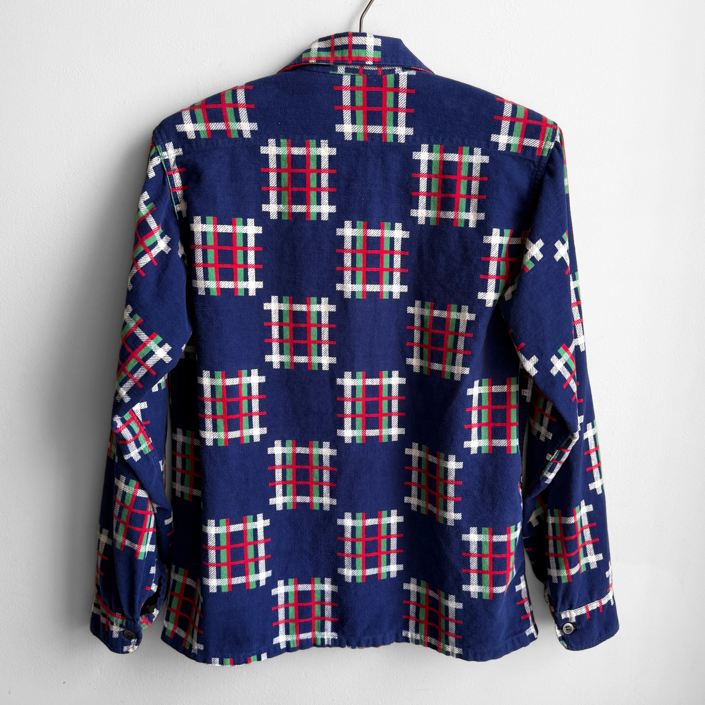 1950s Dark Blue Checkered Plaid Loop Collar Shirt