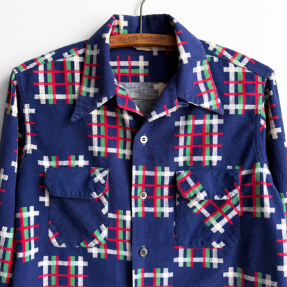 1950s Dark Blue Checkered Plaid Loop Collar Shirt