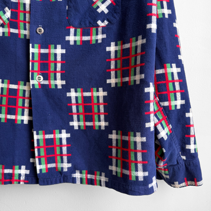 1950s Dark Blue Checkered Plaid Loop Collar Shirt