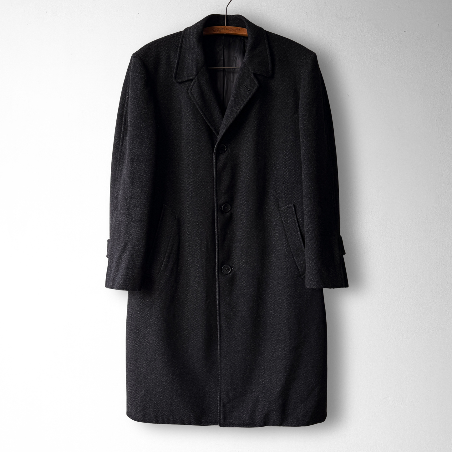 1950s Black Herringbone Wool Overcoat