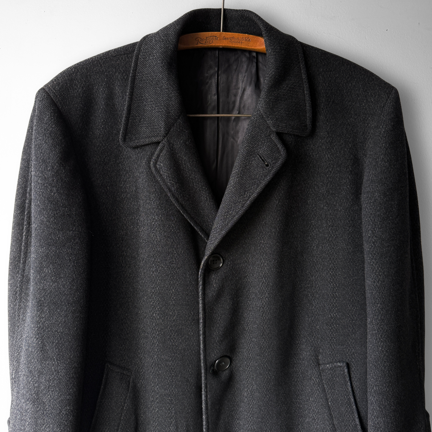 1950s Black Herringbone Wool Overcoat