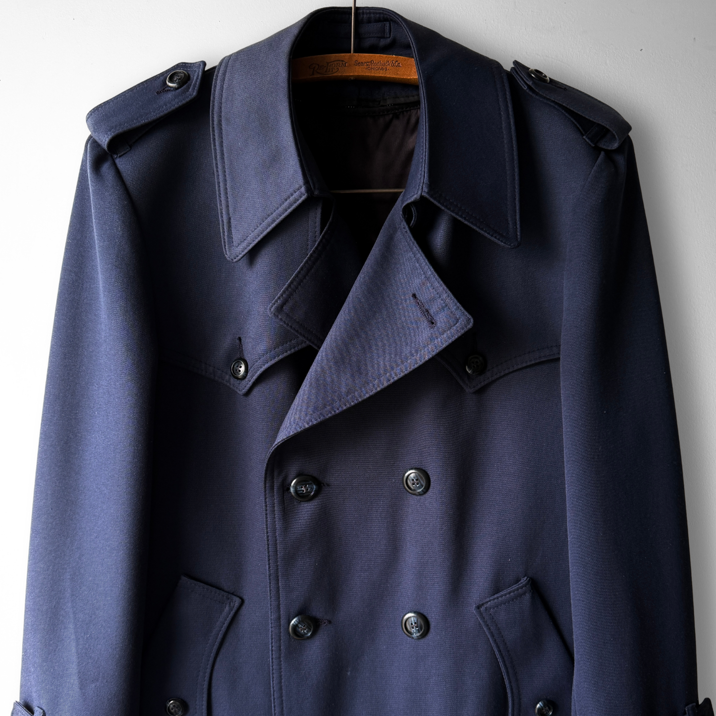1960s Navy Blue Double Breasted Plaid Lined Trench Coat
