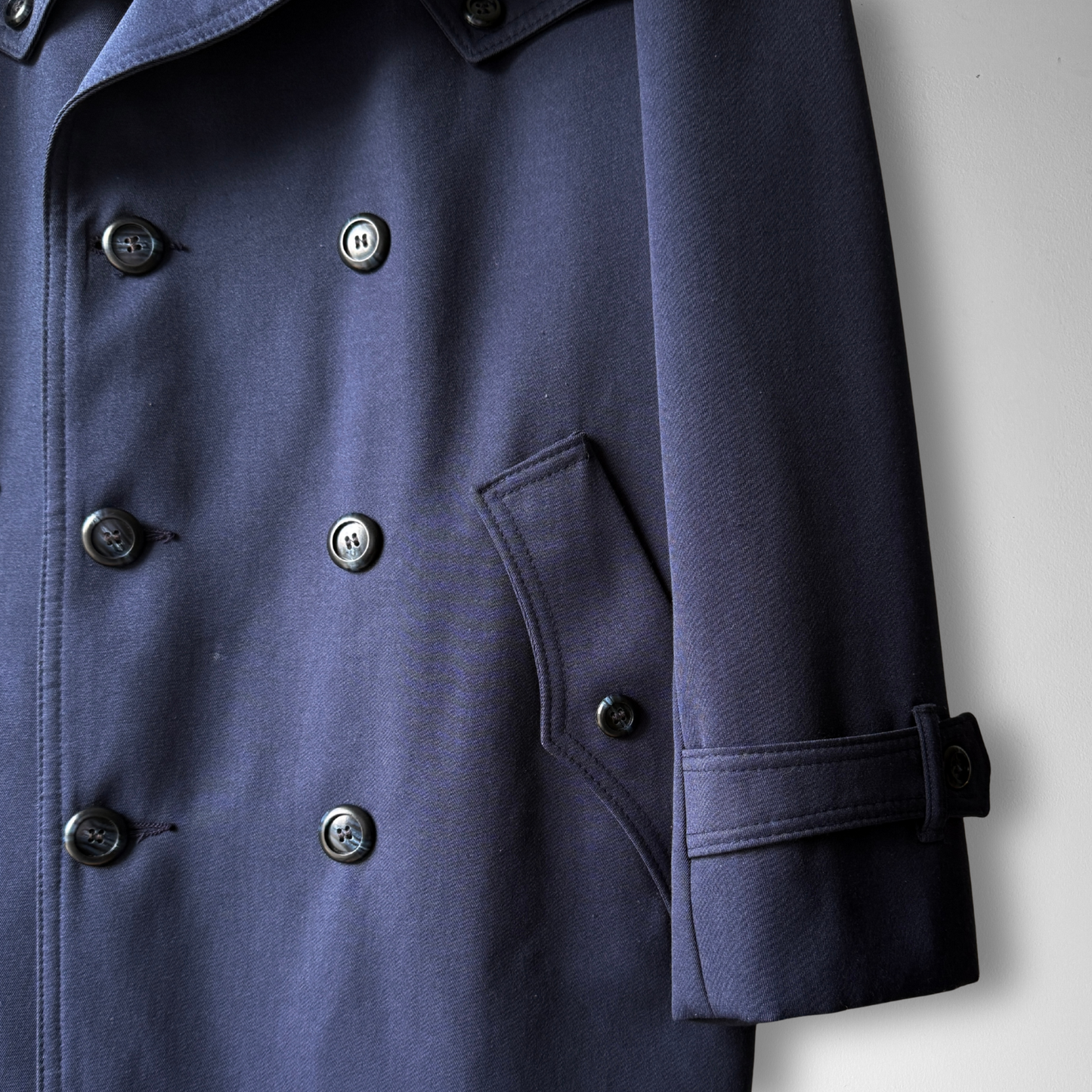 1960s Navy Blue Double Breasted Plaid Lined Trench Coat