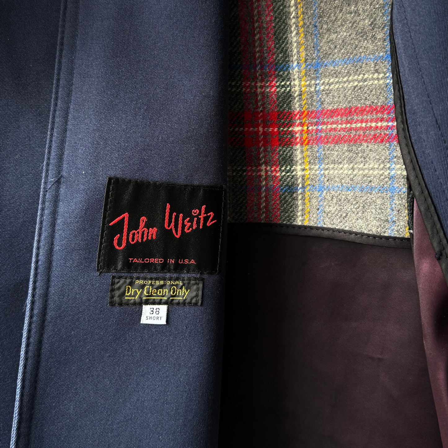 1960s Navy Blue Double Breasted Plaid Lined Trench Coat