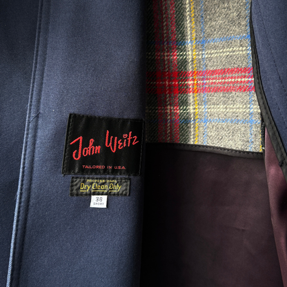 1960s Navy Blue Double Breasted Plaid Lined Trench Coat