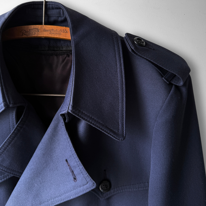 1960s Navy Blue Double Breasted Plaid Lined Trench Coat