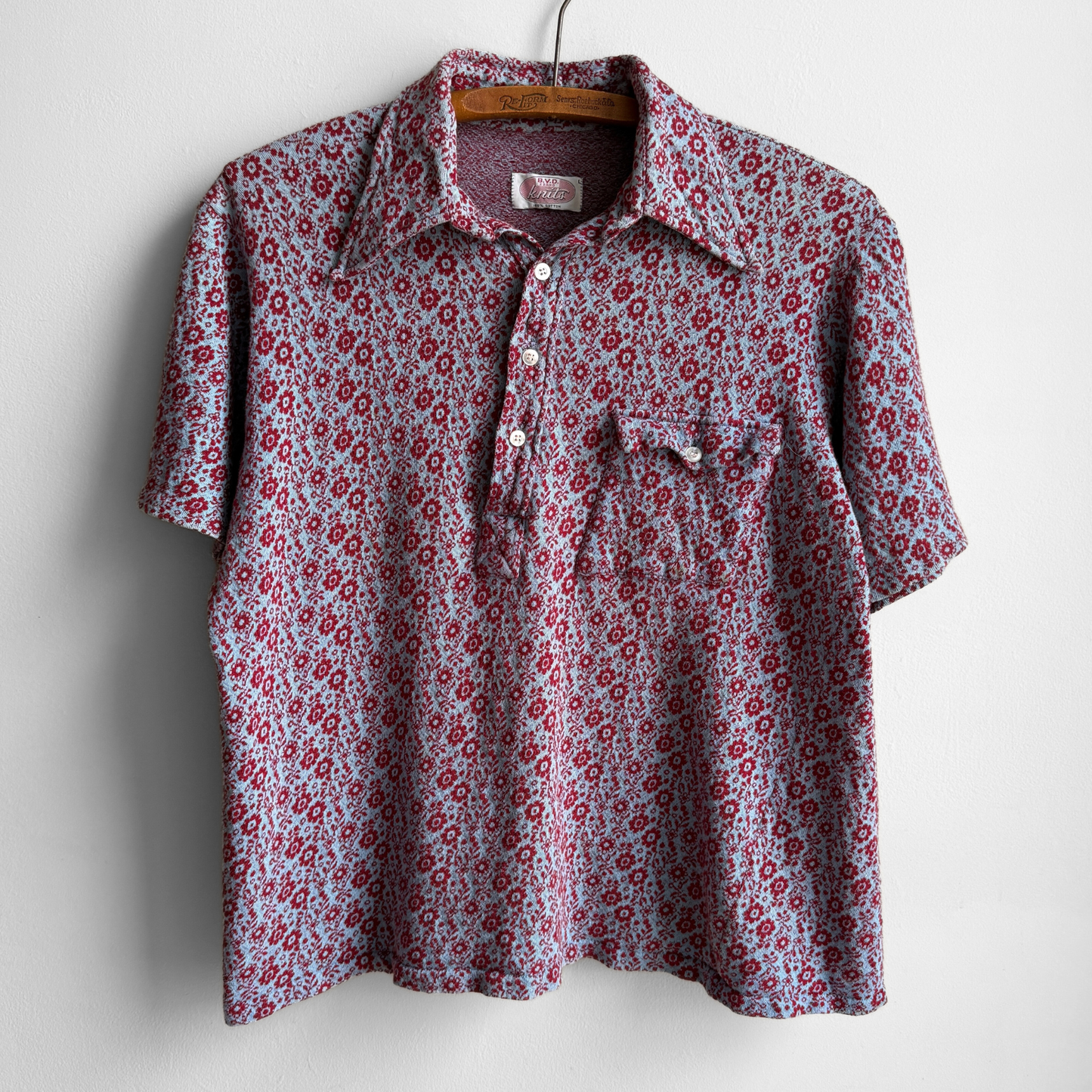 1960s Red & Blue Floral Knit Polo Shirt