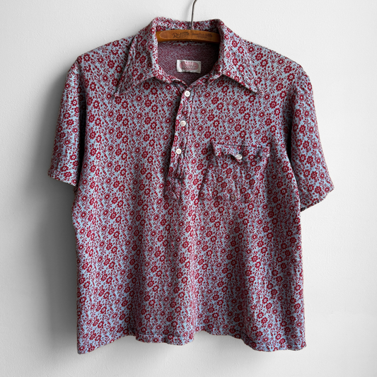 1960s Red & Blue Floral Knit Polo Shirt