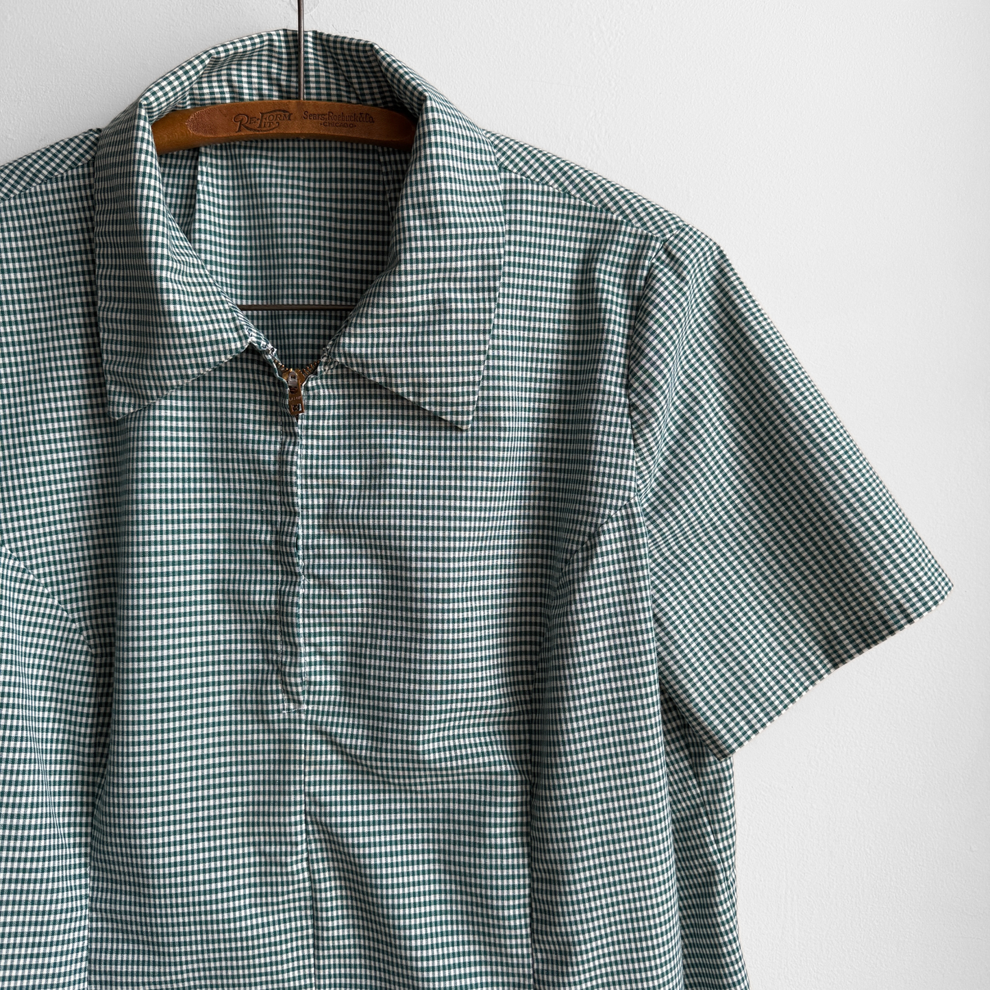 1970s Green Check Quarter Zip Cabana Shirt