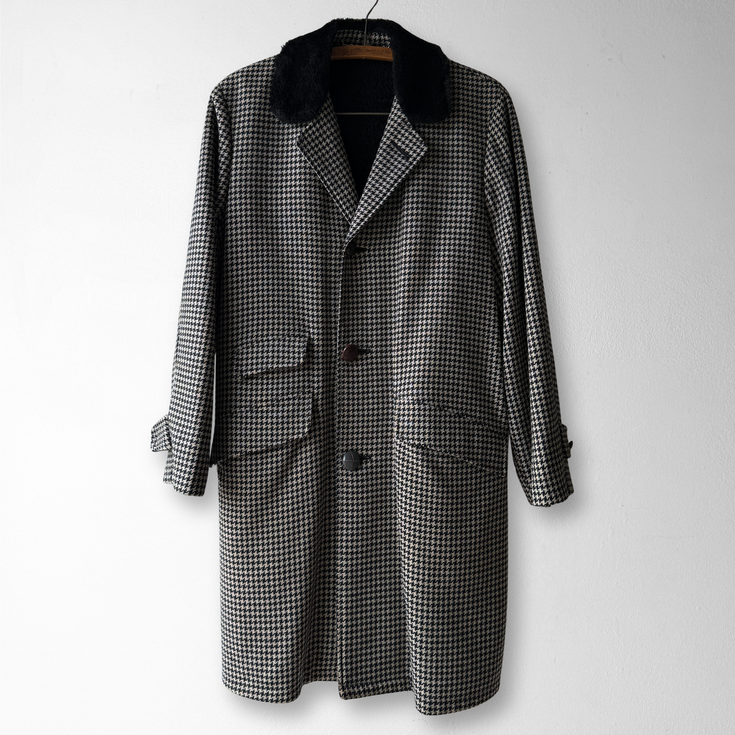 1960s Houndstooth Shearling Wool Overcoat