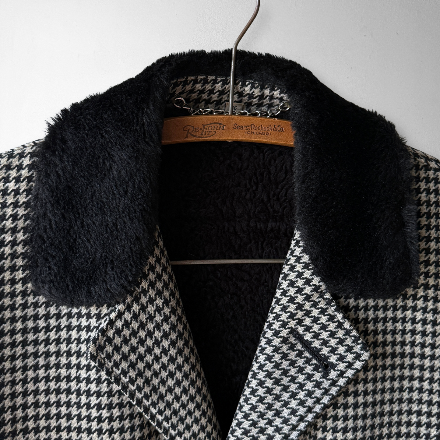 1960s Houndstooth Shearling Wool Overcoat
