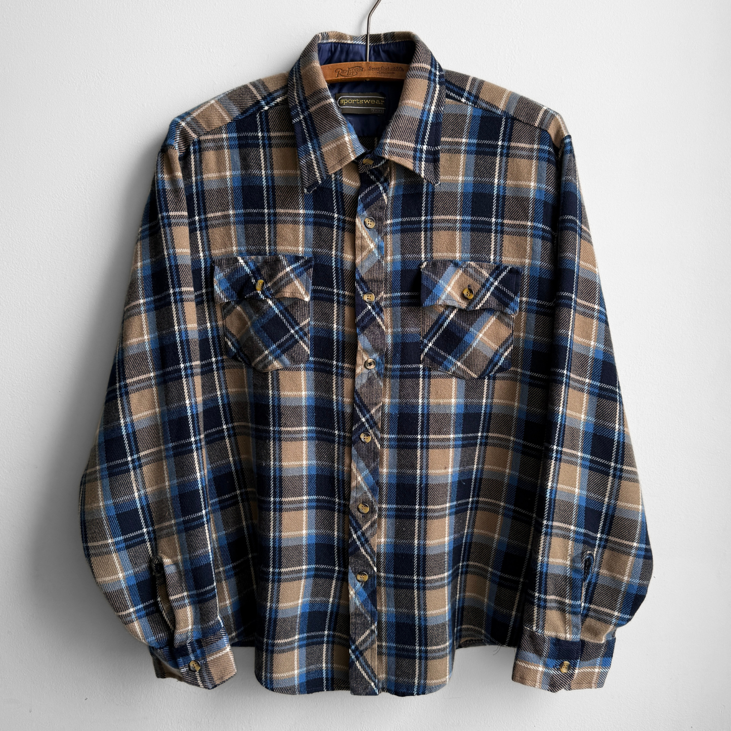 1980s Blue & Brown Acrylic Plaid Flannel Shirt
