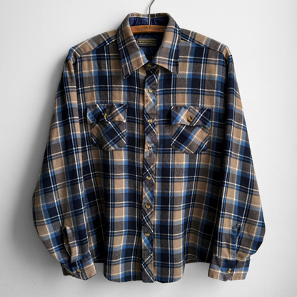 1980s Blue & Brown Acrylic Plaid Flannel Shirt