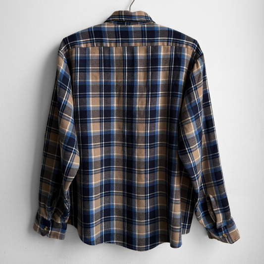 1980s Blue & Brown Acrylic Plaid Flannel Shirt