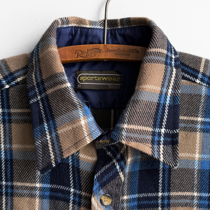 1980s Blue & Brown Acrylic Plaid Flannel Shirt