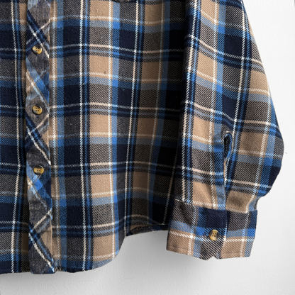 1980s Blue & Brown Acrylic Plaid Flannel Shirt