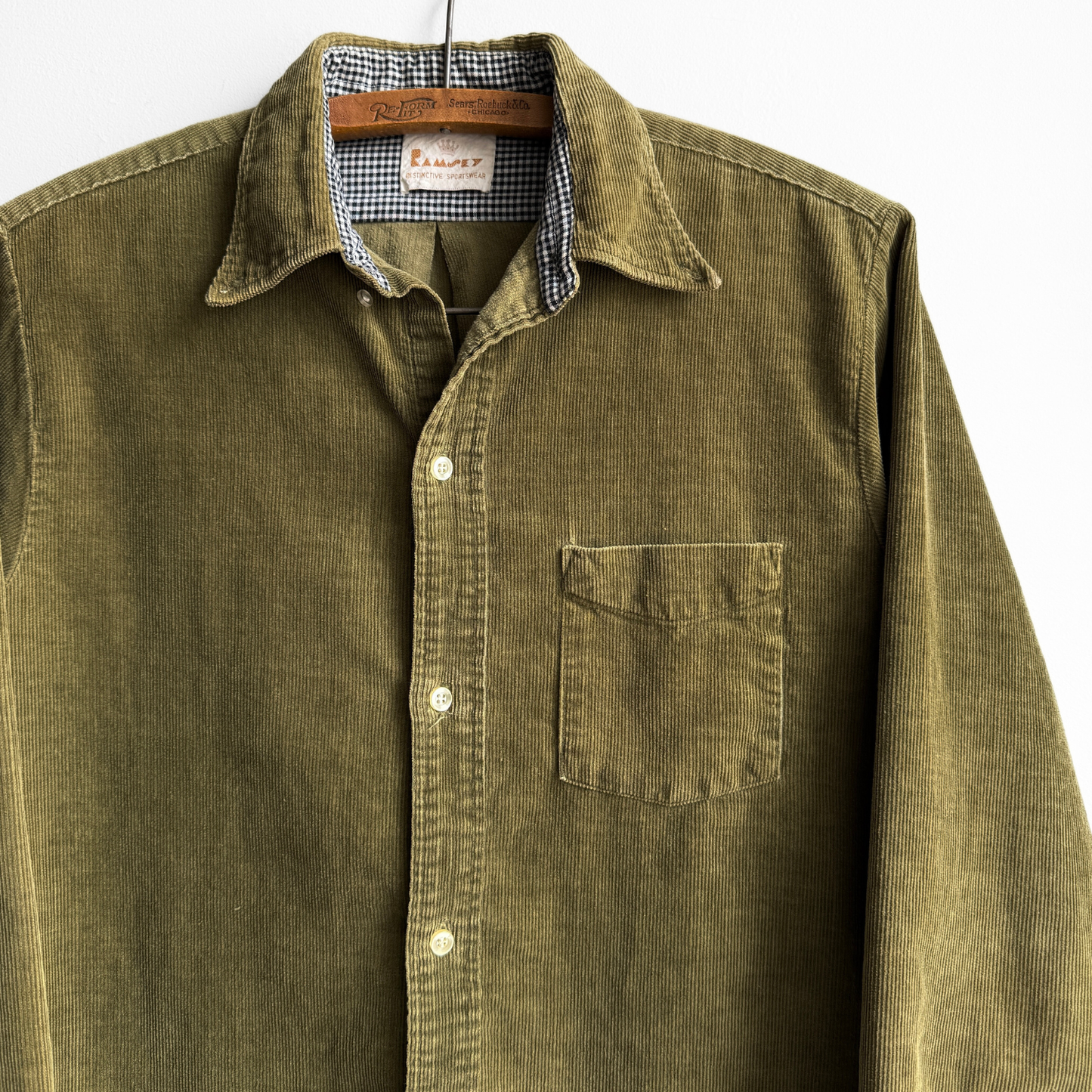 1960s Green Corduroy Gingham Plaid Button Down Shirt