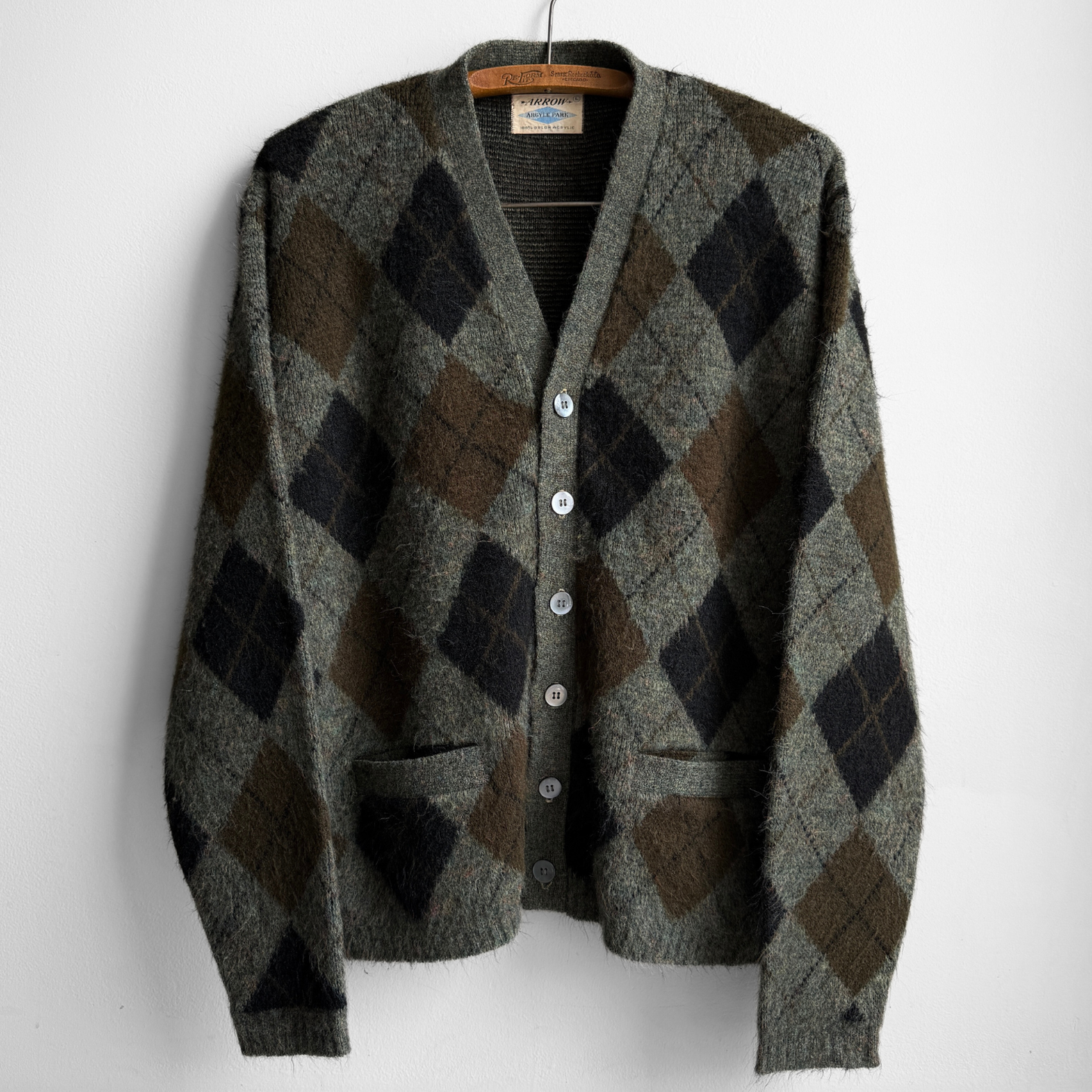 1960s Green Argyle Acrylic Knit Cardigan