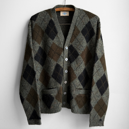 1960s Green Argyle Acrylic Knit Cardigan