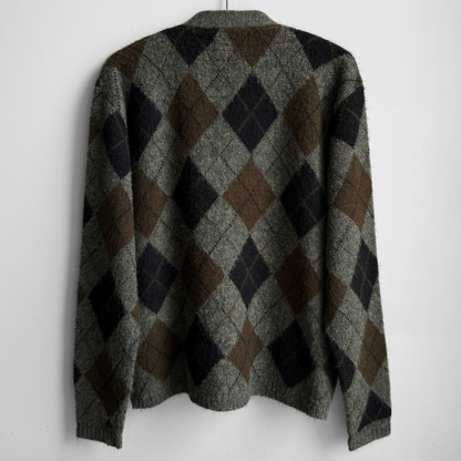1960s Green Argyle Acrylic Knit Cardigan