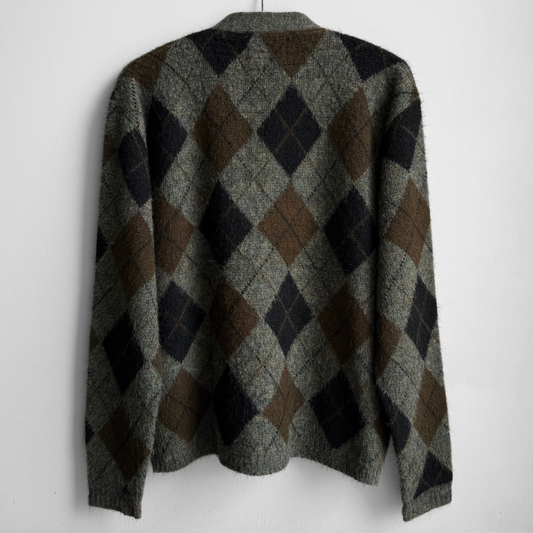 1960s Green Argyle Acrylic Knit Cardigan