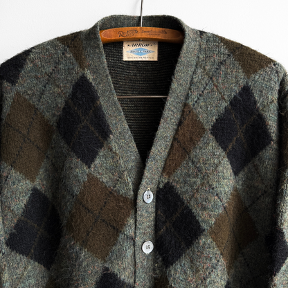 1960s Green Argyle Acrylic Knit Cardigan